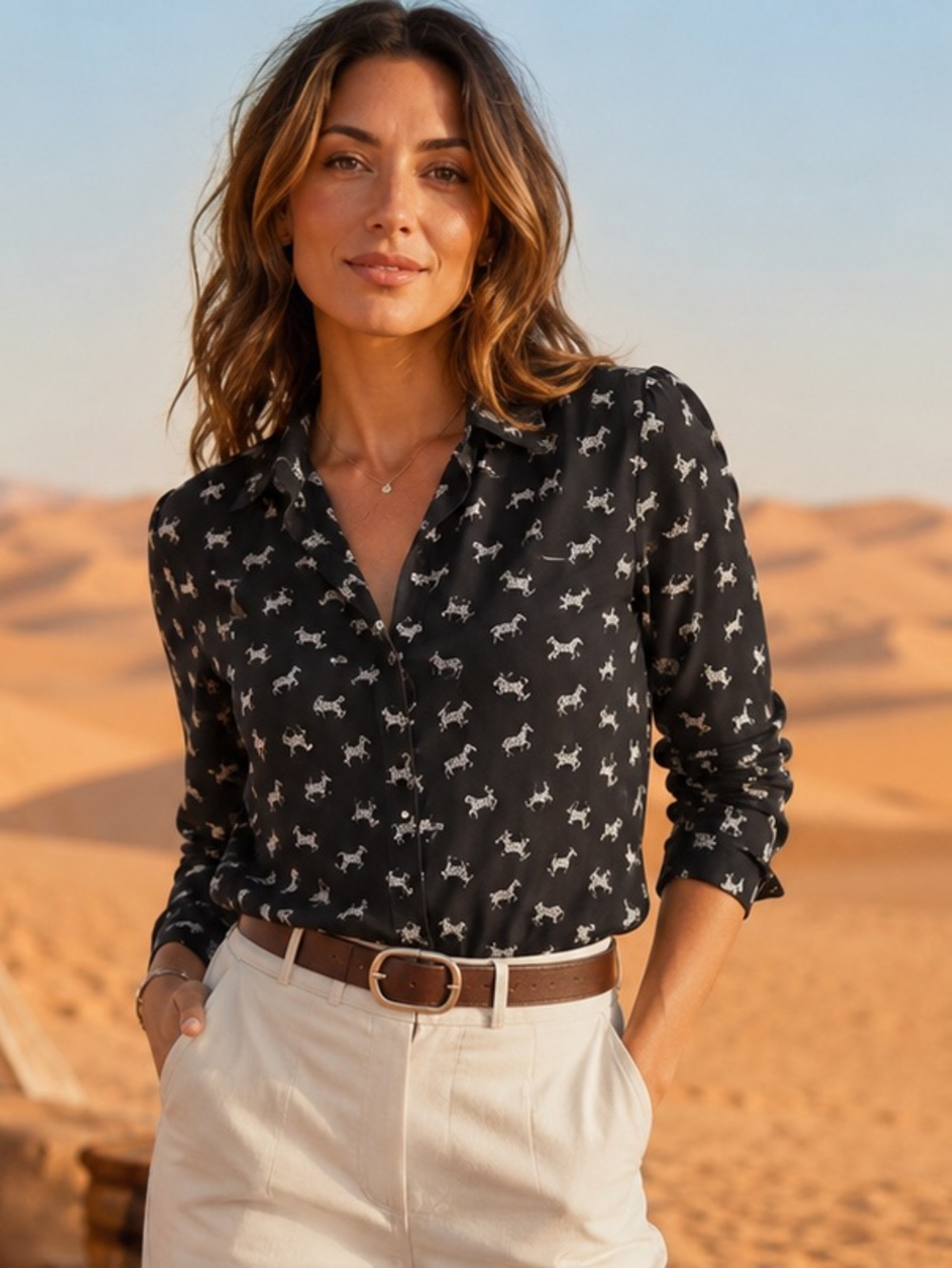 Banana Republic Black Button-Down Silk Shirt with White Zebra Print